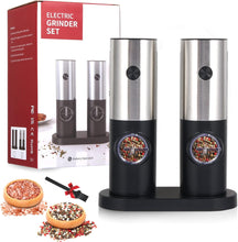 Load image into Gallery viewer, 2 Pack Electric Pepper and Salt Grinder Set, Battery Powered with LED Light and Storage Base, Adjustable Coarseness, One Hand Automatic Operation