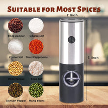 Load image into Gallery viewer, 2 Pack Electric Pepper and Salt Grinder Set, Battery Powered with LED Light and Storage Base, Adjustable Coarseness, One Hand Automatic Operation