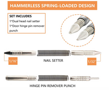 Load image into Gallery viewer, WHLLING 2-Piece Dual Head Nail Setter and Hinge Pin Punch Set, Hammerless 1/32″& 1/16″Spring Nail Set, 5000 PSI Striking Force Door Pin Removal Tool