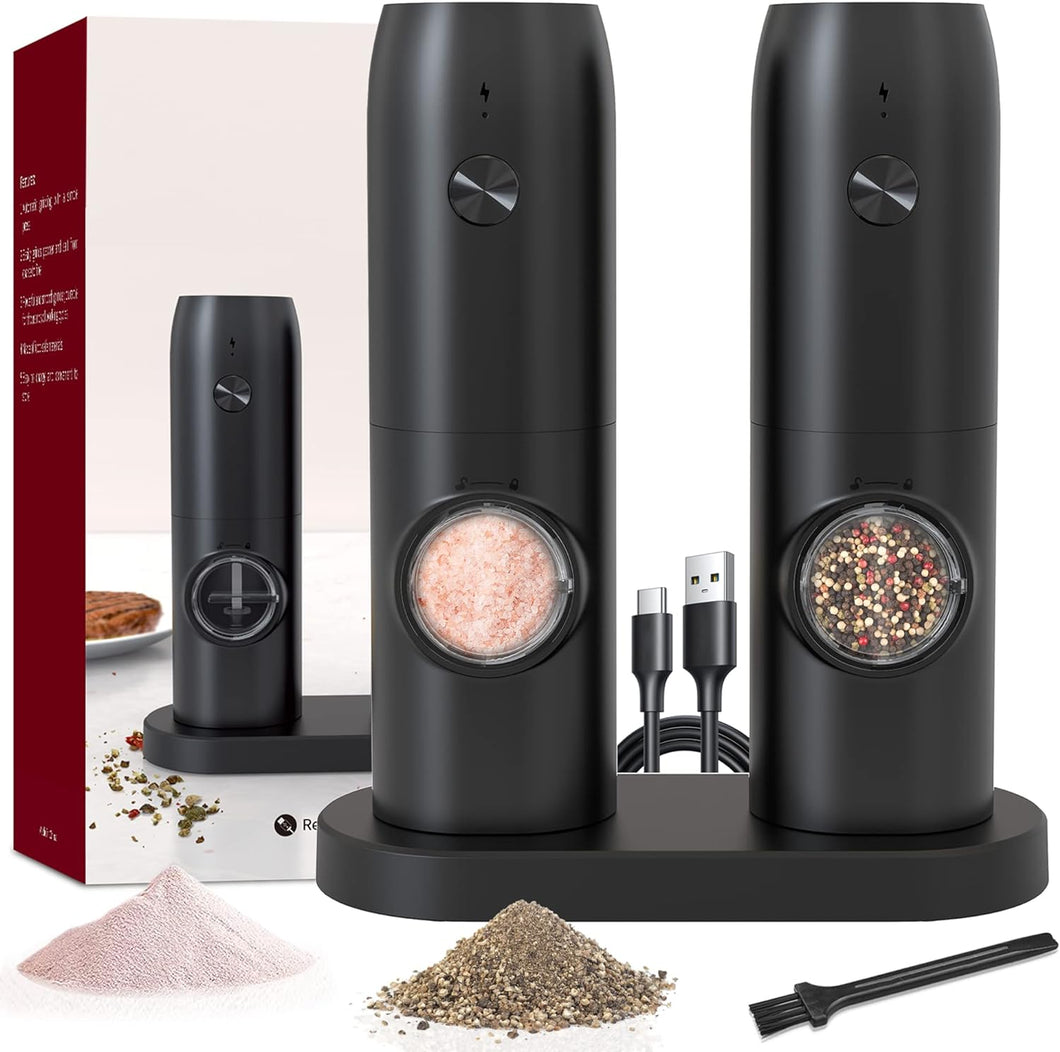 Electric Salt and Pepper Grinder Set of 2,automatic pepper mill,USB rechargeable,Adjustable Coarseness,One-handed operation,ceramic burr,refillable,Auto grinders with charging base LED light