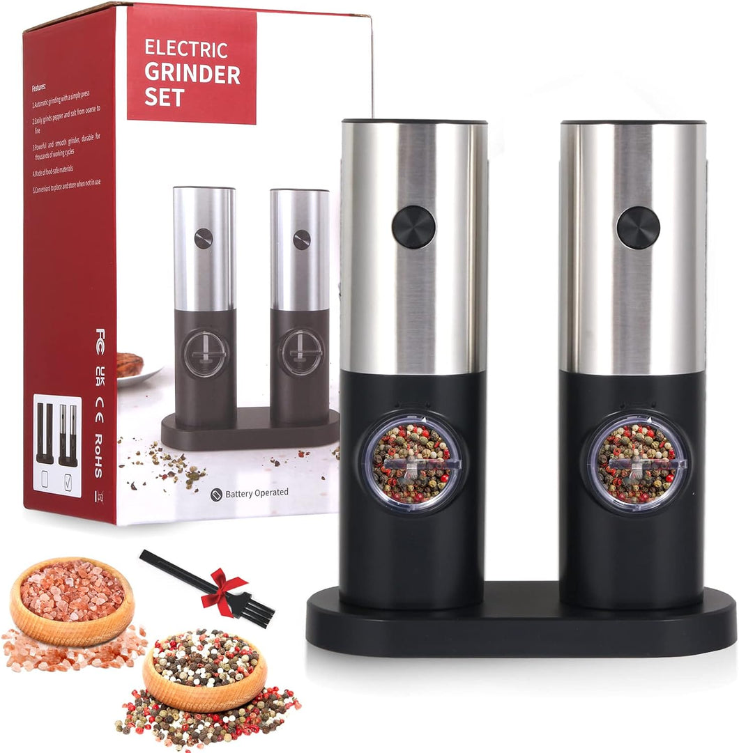 2 Pack Electric Pepper and Salt Grinder Set, Battery Powered with LED Light and Storage Base, Adjustable Coarseness, One Hand Automatic Operation