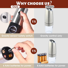 Load image into Gallery viewer, 2 Pack Electric Pepper and Salt Grinder Set, Battery Powered with LED Light and Storage Base, Adjustable Coarseness, One Hand Automatic Operation
