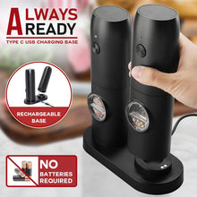 Load image into Gallery viewer, Electric Salt and Pepper Grinder Set of 2,automatic pepper mill,USB rechargeable,Adjustable Coarseness,One-handed operation,ceramic burr,refillable,Auto grinders with charging base LED light
