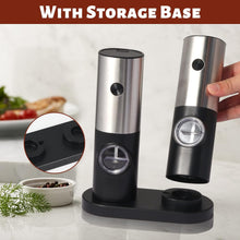 Load image into Gallery viewer, 2 Pack Electric Pepper and Salt Grinder Set, Battery Powered with LED Light and Storage Base, Adjustable Coarseness, One Hand Automatic Operation
