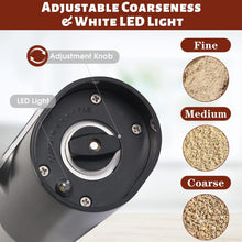Load image into Gallery viewer, 2 Pack Electric Pepper and Salt Grinder Set, Battery Powered with LED Light and Storage Base, Adjustable Coarseness, One Hand Automatic Operation
