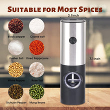 Load image into Gallery viewer, 2 Pack Electric Pepper and Salt Grinder Set, Battery Powered with LED Light and Storage Base, Adjustable Coarseness, One Hand Automatic Operation
