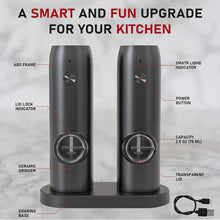 Load image into Gallery viewer, Electric Salt and Pepper Grinder Set of 2,automatic pepper mill,USB rechargeable,Adjustable Coarseness,One-handed operation,ceramic burr,refillable,Auto grinders with charging base LED light
