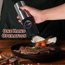 Load image into Gallery viewer, 2 Pack Electric Pepper and Salt Grinder Set, Battery Powered with LED Light and Storage Base, Adjustable Coarseness, One Hand Automatic Operation
