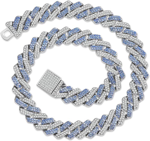 Mens Cuban Link Chain Miami Cuban Necklace 18K Blue Silver Chain Diamond Cut Chains For Men Women 14mm Iced Out Hip Hop Jewelry with Gift Box