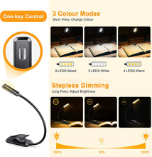 Load image into Gallery viewer, 9 LED Rechargeable Book Light for Reading in Bed - Eye Caring 3 Color Temperatures,Stepless Dimming Brightness,12+Hrs Runtime Small Lightweight Clip On Book Reading Light for Kids,Studying
